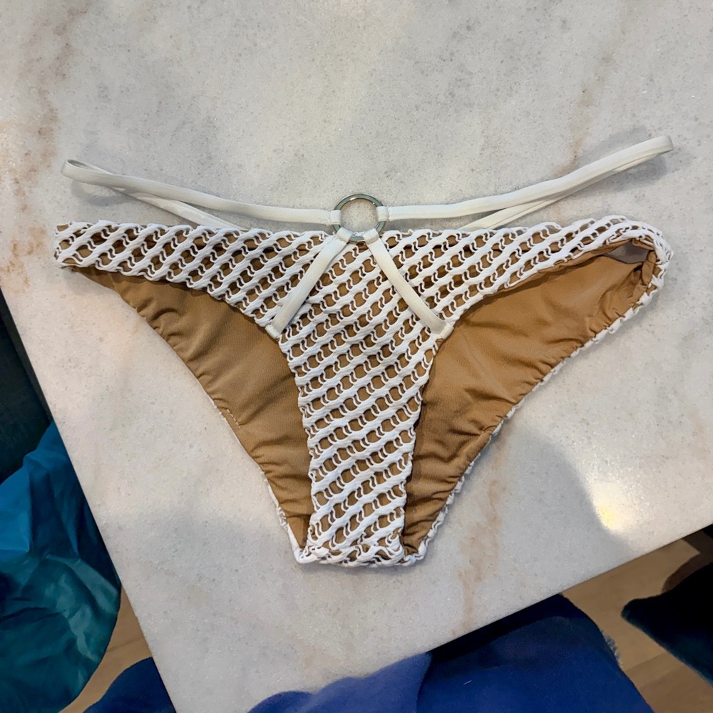 Beach Bunny Crochet Trim White & Nude Bikini Bottom with Ring Detail